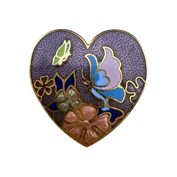 Heart-Shaped Cloisonné Butterfly Floral Brooch Pin Gold-Tone Purple Multicolor - Picture 1 of 3